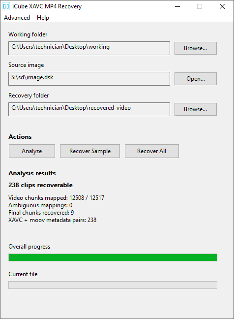 Analysis complete. The results read 238 clips recoverable, video chunks mapped 12508 of 12517, ambiguous mappings 0, final chunks recovered 9, XAVC plus moov metadata pairs 238.