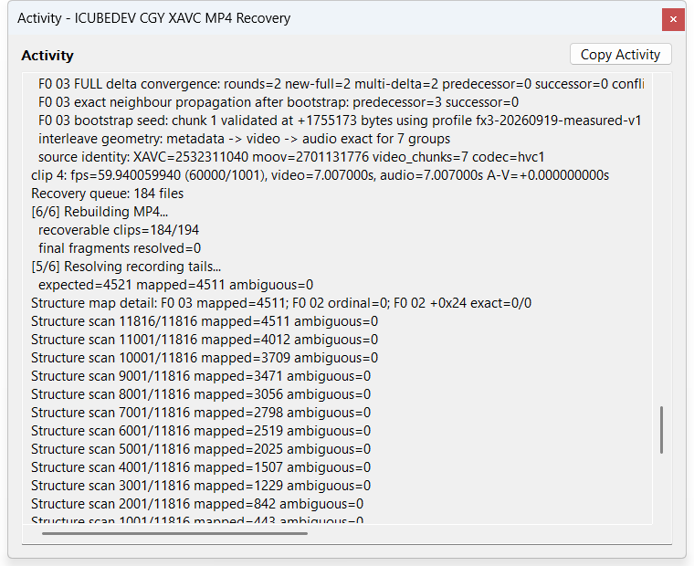 Optional Activity window showing detailed Sony structure scans, mapping decisions, source identity and rebuild progress.