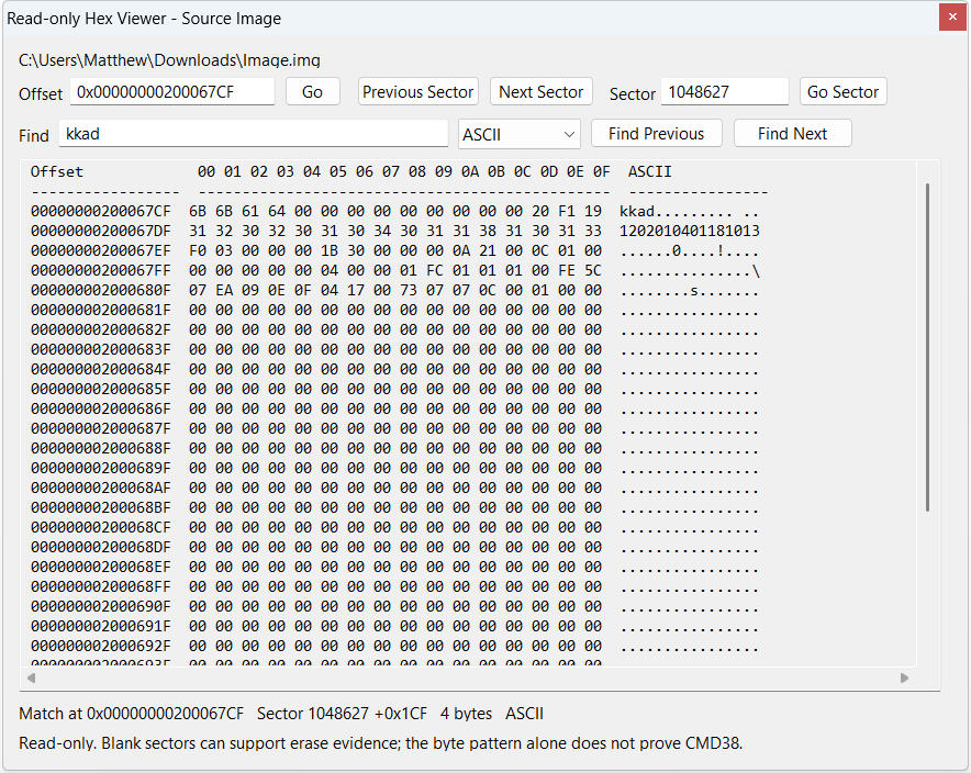 Read-only Hex Viewer showing source-image sectors, hexadecimal bytes, ASCII text and a search for kkad.