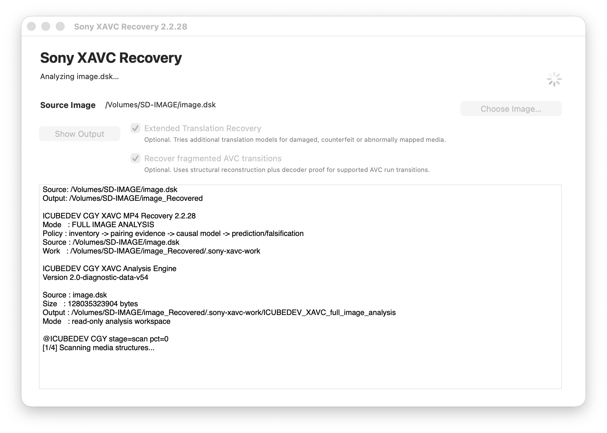 Sony XAVC Recovery 2.2.28 for macOS analyzing a full-sector disk image and scanning Sony media structures.