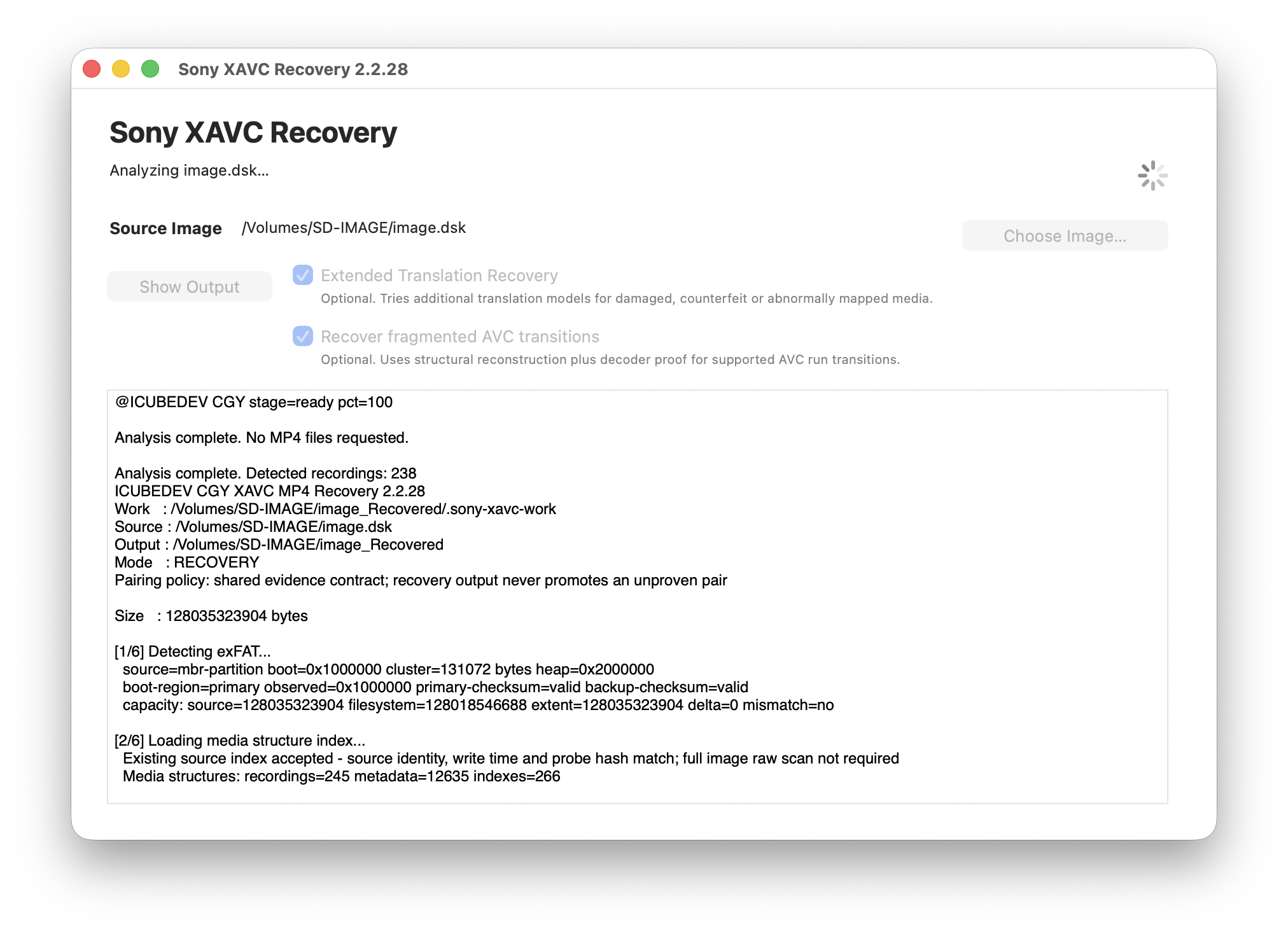 Sony XAVC Recovery 2.2.28 for macOS validating detected Sony recordings after the media scan.