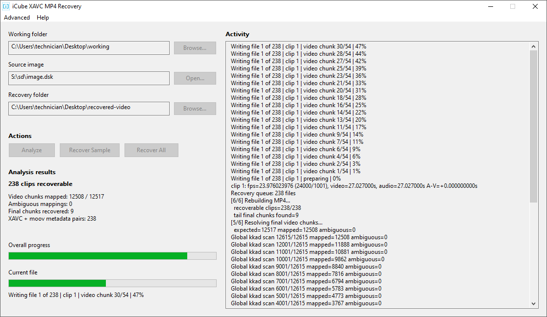 The program widened to show the Activity pane, a running log of the kkad scan, chunk resolution, MP4 rebuild and per clip frame rate and audio and video durations.