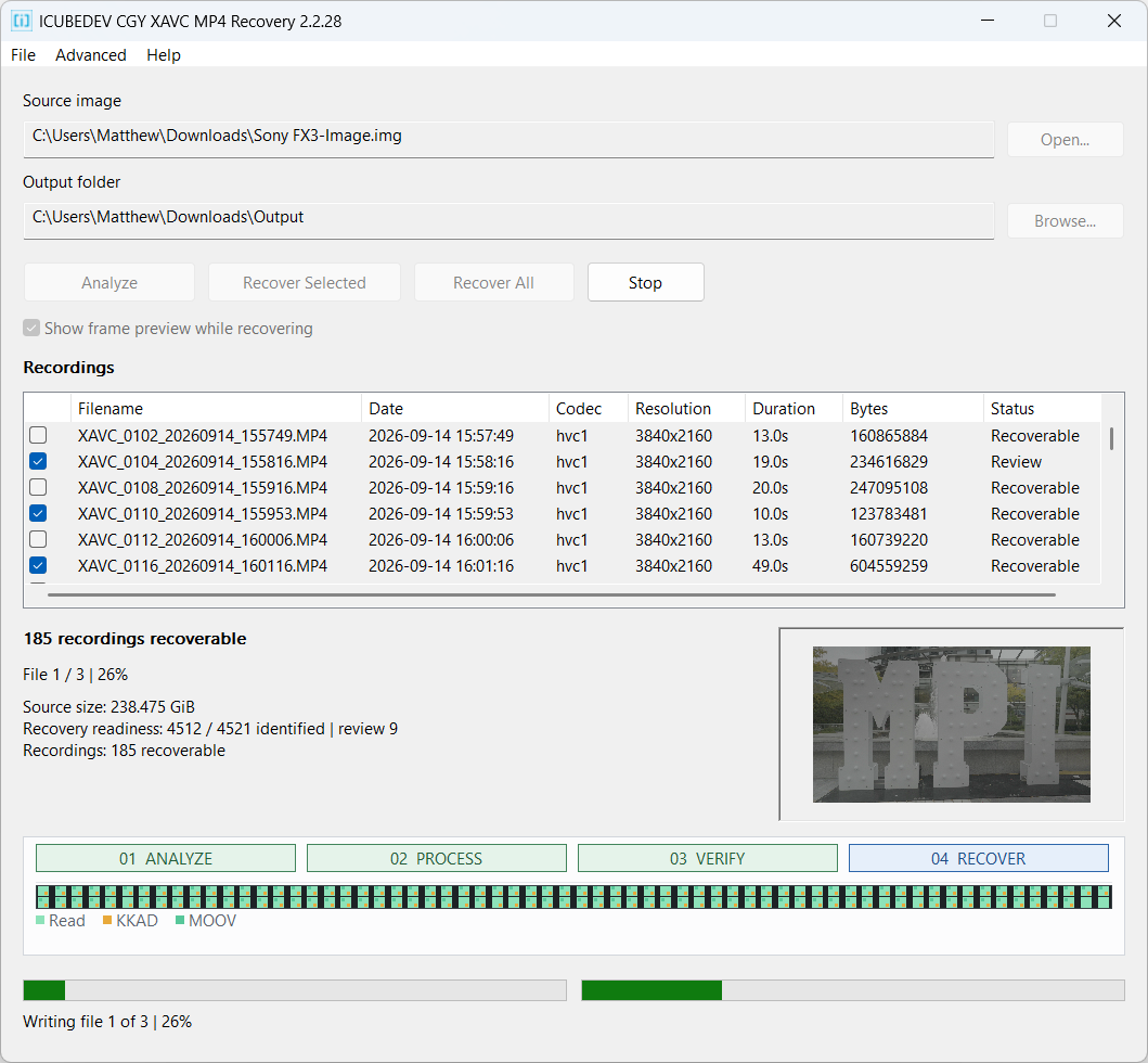 Sony XAVC Recovery 2.2.28 writing selected recordings. The screen shows File 1 of 3, current percentage, two progress bars and the optional frame preview.