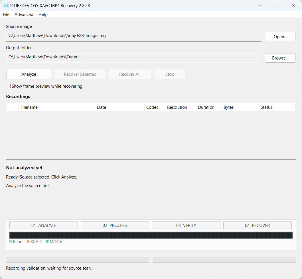 Sony XAVC Recovery 2.2.28 with the source image and output folder selected. Analyze is ready; recovery remains disabled until analysis completes.